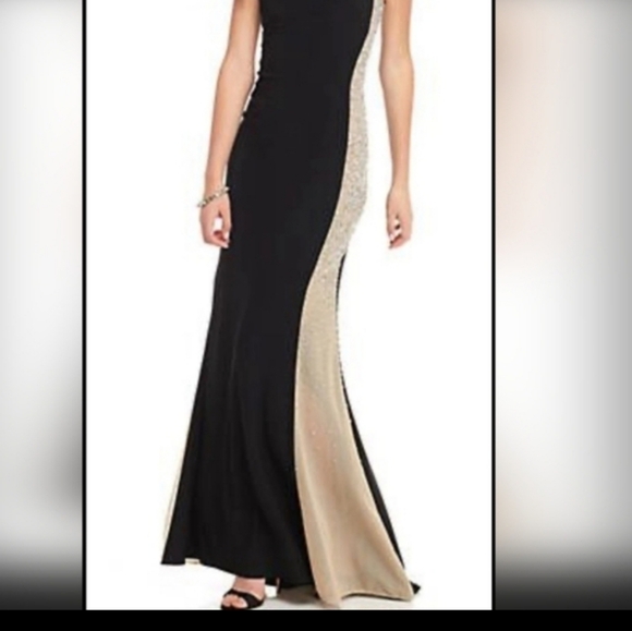 Xscapee Caviar Beaded Illusion Black & Nude Formal Gown Dress